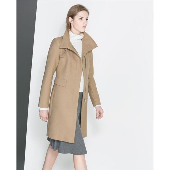 Zara Wool Zip Front Overcoat Tan Structured Coat - Picture 4 of 4